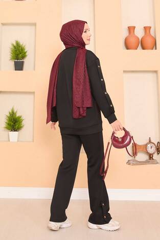 Yırtmaçlı Çıtçıt Detaylı Tesettür İkli Takım Siyah - Thumbnail