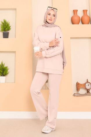 Yırtmaçlı Çıtçıt Detaylı Tesettür İkli Takım Taş - Thumbnail