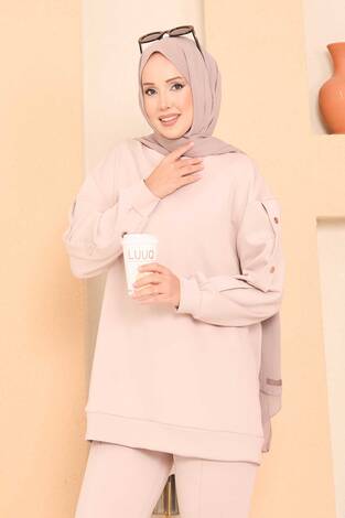 Yırtmaçlı Çıtçıt Detaylı Tesettür İkli Takım Taş - Thumbnail