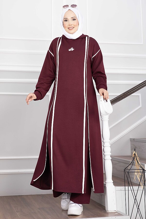 Yırtmaçlı Kapüşonlu Tunik Pantolon Takım Bordo