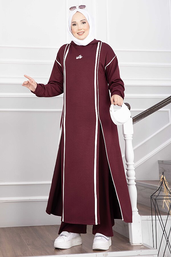 Yırtmaçlı Kapüşonlu Tunik Pantolon Takım Bordo - 3
