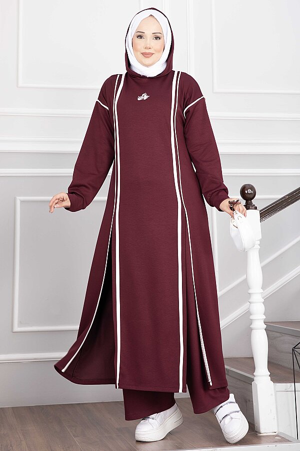 Yırtmaçlı Kapüşonlu Tunik Pantolon Takım Bordo - 4