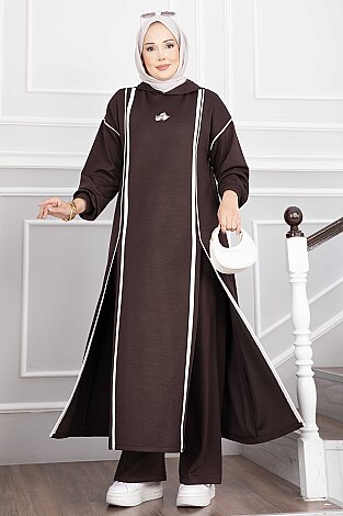 Yırtmaçlı Kapüşonlu Tunik Pantolon Takım Kahve 