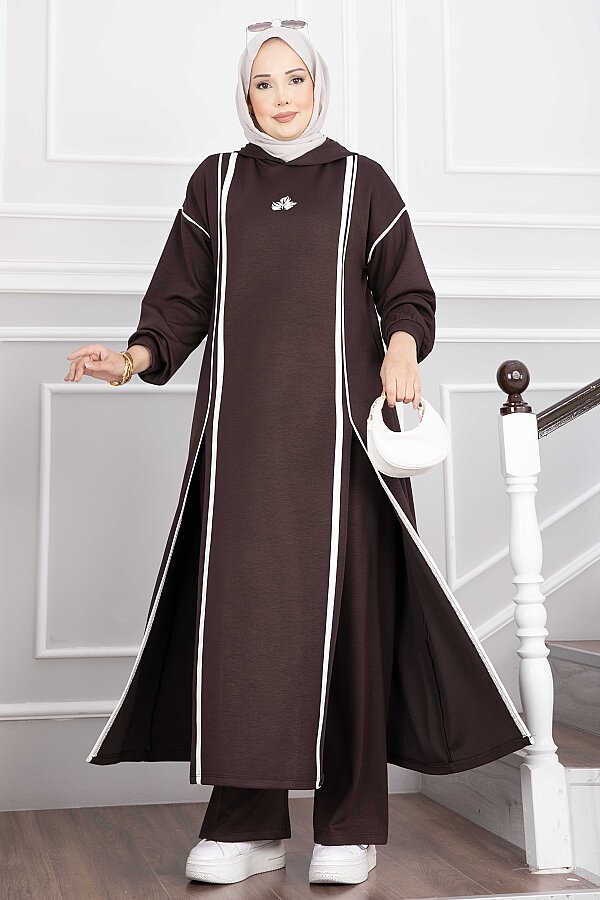 Yırtmaçlı Kapüşonlu Tunik Pantolon Takım Kahve