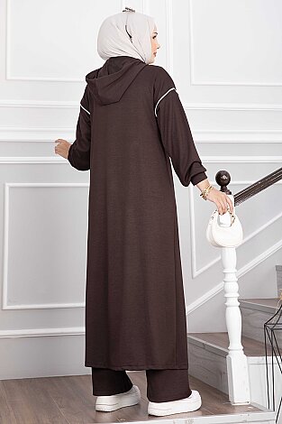 Yırtmaçlı Kapüşonlu Tunik Pantolon Takım Kahve - 4