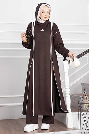 Yırtmaçlı Kapüşonlu Tunik Pantolon Takım Kahve - 3