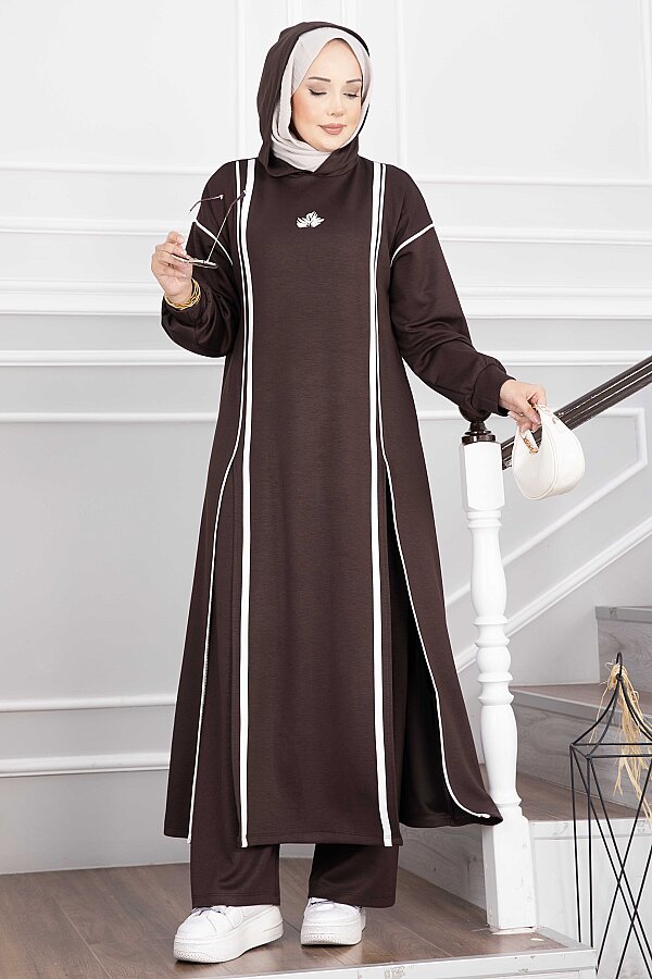Yırtmaçlı Kapüşonlu Tunik Pantolon Takım Kahve - 3