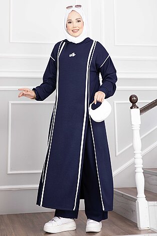Yırtmaçlı Kapüşonlu Tunik Pantolon Takım Lacivert - 3