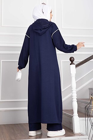 Yırtmaçlı Kapüşonlu Tunik Pantolon Takım Lacivert - 4