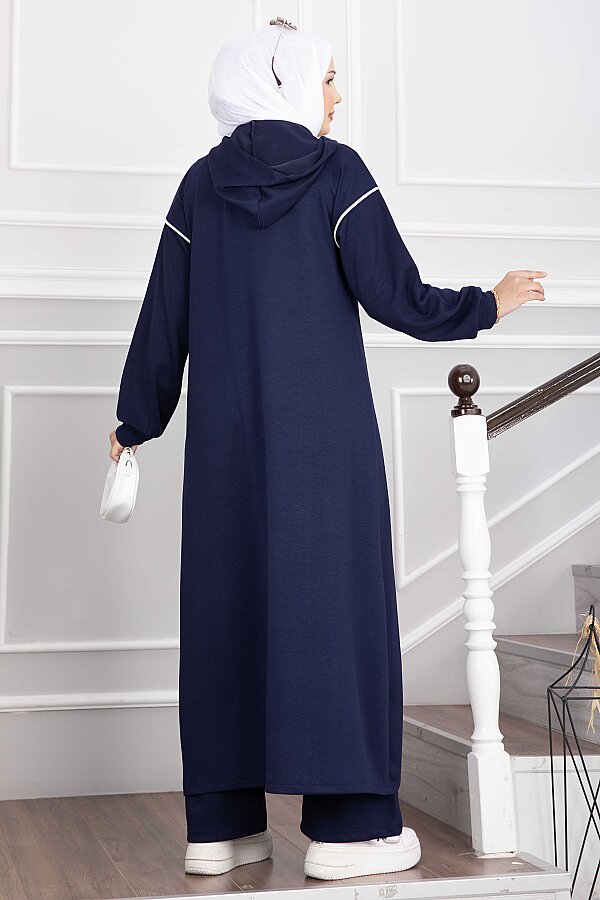 Yırtmaçlı Kapüşonlu Tunik Pantolon Takım Lacivert - 4