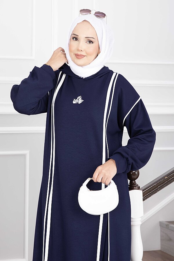 Yırtmaçlı Kapüşonlu Tunik Pantolon Takım Lacivert (1)