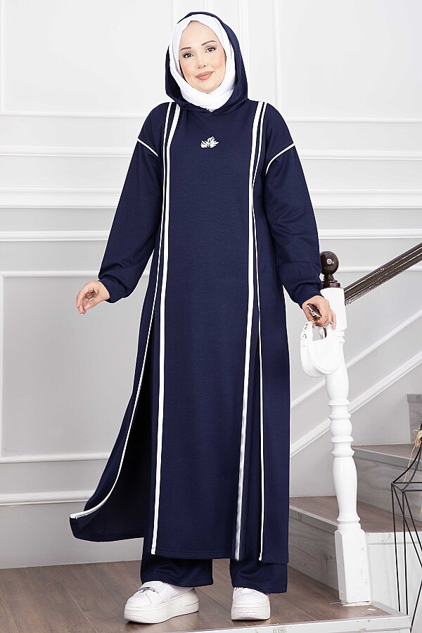 Yırtmaçlı Kapüşonlu Tunik Pantolon Takım Lacivert