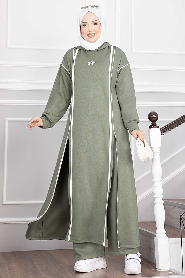 Yırtmaçlı Kapüşonlu Tunik Pantolon Takım Mint - 3