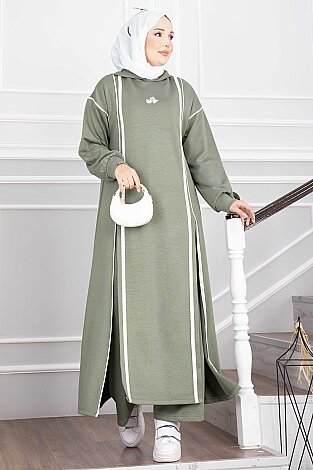 Yırtmaçlı Kapüşonlu Tunik Pantolon Takım Mint 