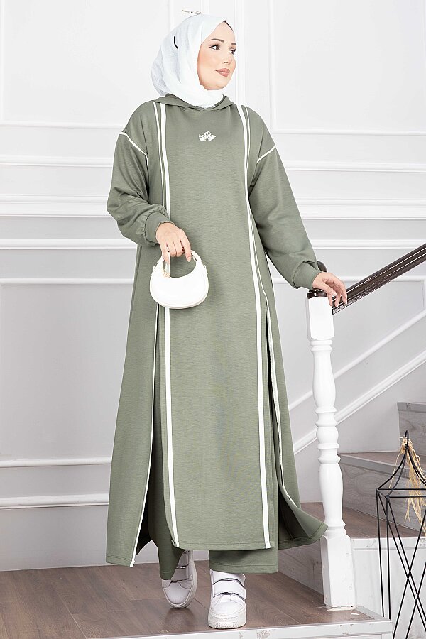 Yırtmaçlı Kapüşonlu Tunik Pantolon Takım Mint
