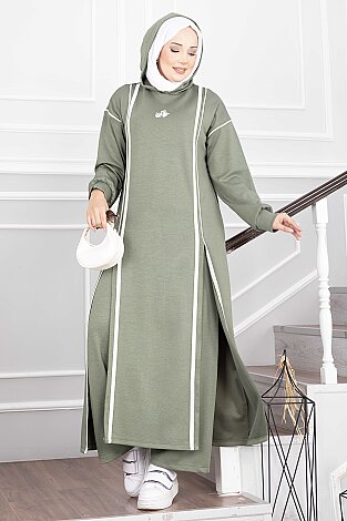 Yırtmaçlı Kapüşonlu Tunik Pantolon Takım Mint - 4