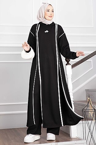 Yırtmaçlı Kapüşonlu Tunik Pantolon Takım Siyah 