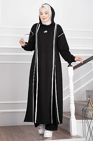 Yırtmaçlı Kapüşonlu Tunik Pantolon Takım Siyah - 3