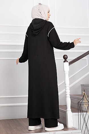 Yırtmaçlı Kapüşonlu Tunik Pantolon Takım Siyah - 4