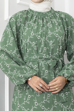 Zambak Beli Kuşaklı Tesettür Elbise Yeşil - Thumbnail