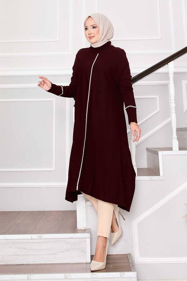 Zarif Sim Şeritli Mevlana Triko Tunik Bordo - 4