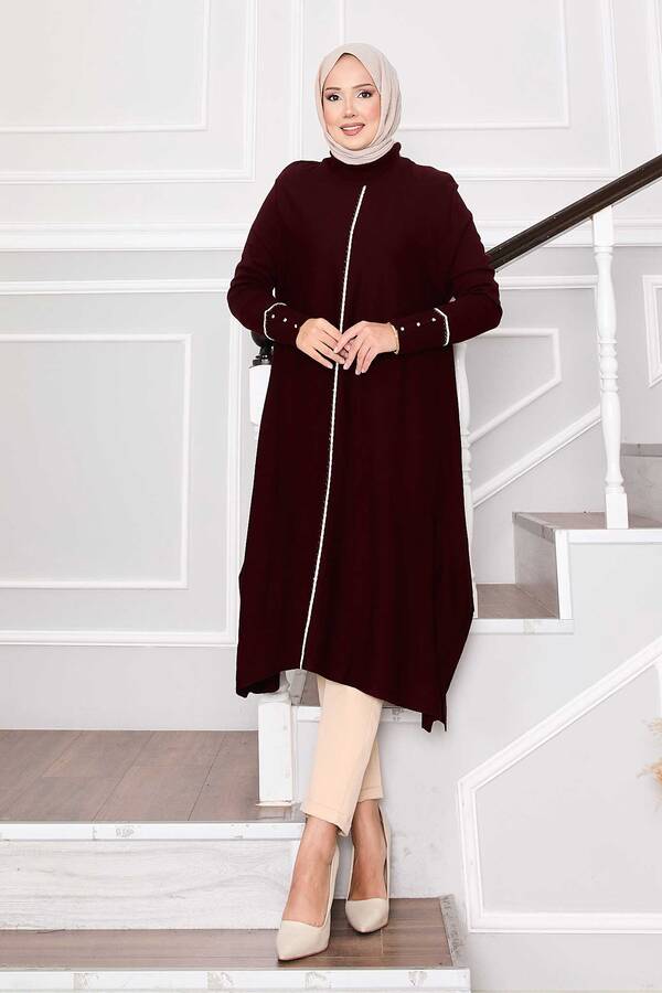 Zarif Sim Şeritli Mevlana Triko Tunik Bordo - 5