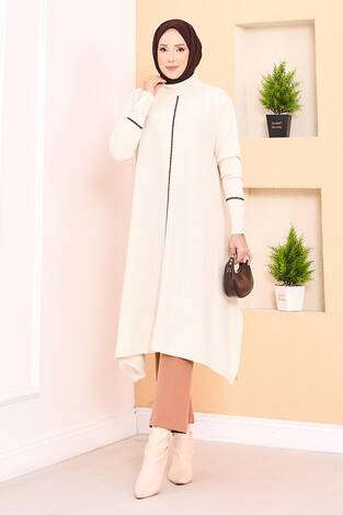 Zarif Sim Şeritli Mevlana Triko Tunik Ekru - Thumbnail