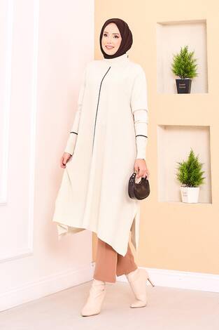 Zarif Sim Şeritli Mevlana Triko Tunik Ekru