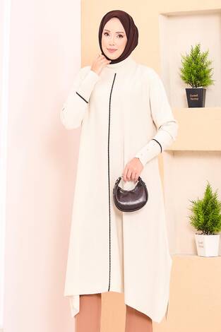 Zarif Sim Şeritli Mevlana Triko Tunik Ekru - Thumbnail