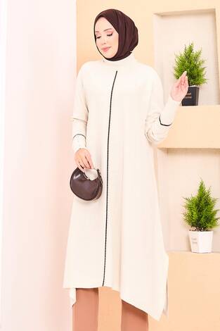 Zarif Sim Şeritli Mevlana Triko Tunik Ekru - Thumbnail