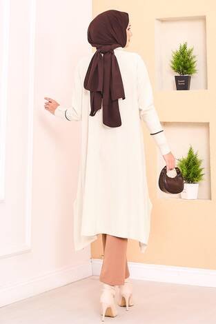 Zarif Sim Şeritli Mevlana Triko Tunik Ekru - Thumbnail