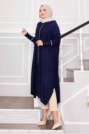 Zarif Sim Şeritli Mevlana Triko Tunik Saks - Thumbnail