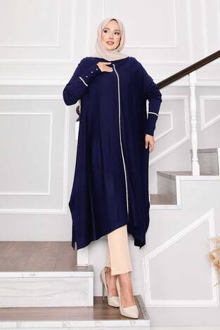 Zarif Sim Şeritli Mevlana Triko Tunik Saks - Thumbnail