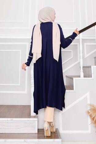 Zarif Sim Şeritli Mevlana Triko Tunik Saks - Thumbnail