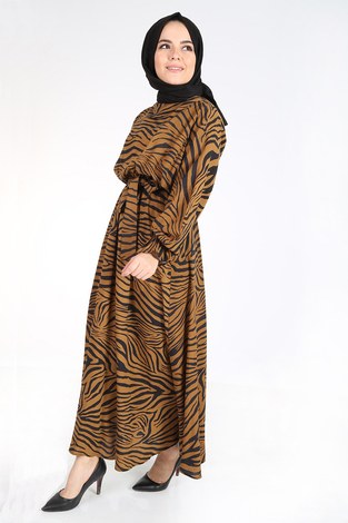 Zebra Desen Elbise 14346-2 Hardal - Thumbnail
