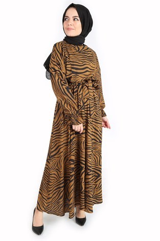 Zebra Desen Elbise 14346-2 Hardal - Thumbnail