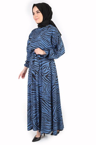 Zebra Desen Elbise 14346-4 İndigo - Thumbnail
