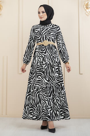 Zebra Desen Hasır Kemerli Tesettür Elbise Siyah Beyaz - Thumbnail