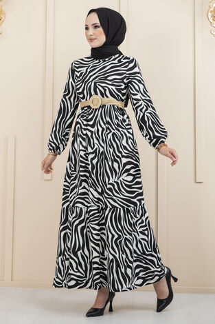 Zebra Desen Hasır Kemerli Tesettür Elbise Siyah Beyaz - Thumbnail