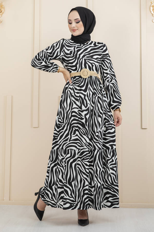 Zebra Desen Hasır Kemerli Tesettür Elbise Siyah Beyaz