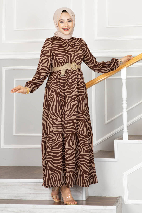 Zebra Desen Hasır Kemerli Tesettür Elbise Tarçın