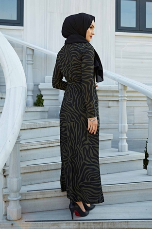 Zebra Desen Kuşaklı Tesettür Elbise 100MD-1132 Haki - Thumbnail