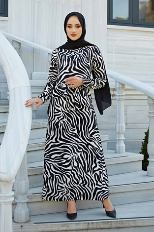 Zebra Desen Kuşaklı Elbise 100MD-1132 Siyah Beyaz - Thumbnail