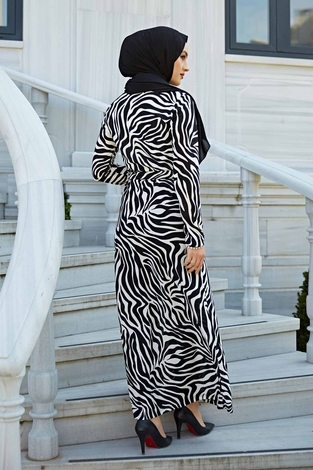 Zebra Desen Kuşaklı Elbise 100MD-1132 Siyah Beyaz - Thumbnail