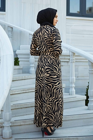 Zebra Desen Kuşaklı Elbise 1132-1 Vizon - Thumbnail