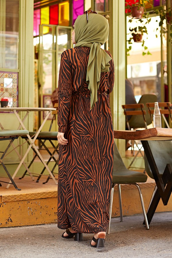 Zebra Desen Kuşaklı Elbise 1132-3 Kiremit