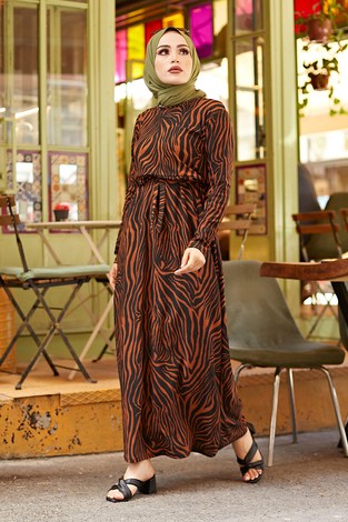 Zebra Desen Kuşaklı Elbise 1132-3 Kiremit - Thumbnail