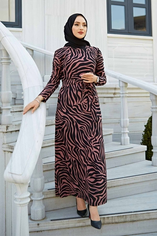 Zebra Desen Kuşaklı Elbise 1132-5 Gül K - Thumbnail