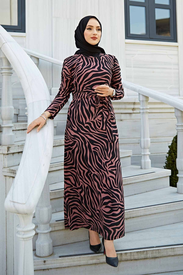 Zebra Desen Kuşaklı Elbise 1132-5 Gül K