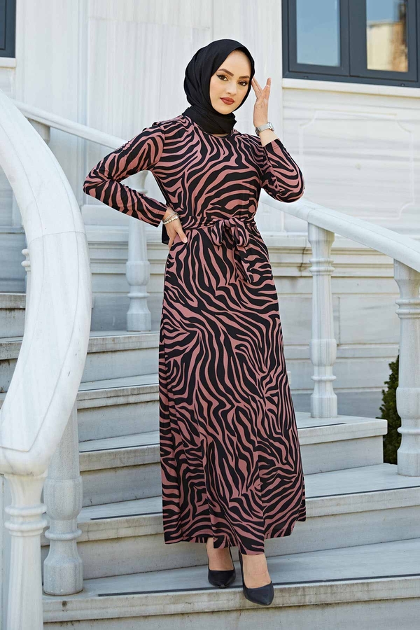 Zebra Desen Kuşaklı Elbise 1132-5 Gül K